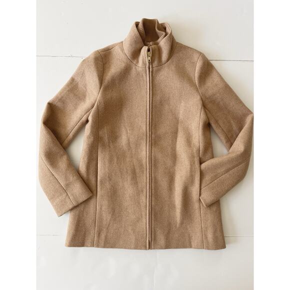 J Crew Village Coat Women 0 Tan Wool Blend Full Zip Mock Neck Lined Pockets - Picture 2 of 11